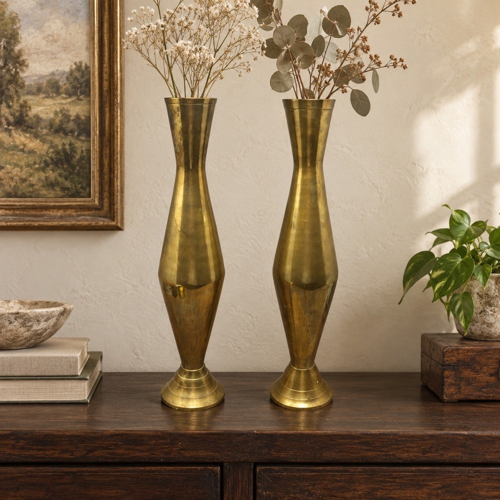 Vintage Brass Vase Pair 16" Tall Hourglass Mid Century Modern Boho Décor